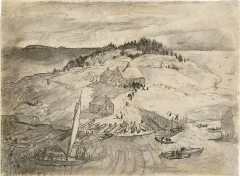 N. C. Wyeth (1882-1945), Island Funeral, "First sketch"ca. 1934 / 1935, charcoal on wove paper, sheet size, 16 1/2 x 22 inches, Brandywine River Museum of Art, Bequest of Carolyn Wyeth, 1996 N. C. Wyeth (1882-1945), Island Funeral, "First sketch"ca. 1934 / 1935, charcoal on wove paper, sheet size, 16 1/2 x 22 inches, Brandywine River Museum of Art, Bequest of Carolyn Wyeth, 1996