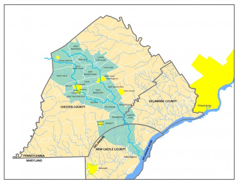 The Brandywine Creek Greenway study area is shown in blue. It involves a partnership and a shared vision among 26 local municipalities, three counties, two states and others facilitated by Brandywine Conservancy planners. Brandywine Creek Greenway Study Area