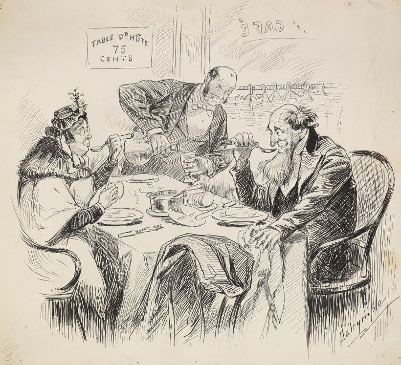Louis Dalrymple (1865 ‑ 1905), Table d'Hote 75 Cents, October 21, 1891, pen and ink on paper, 11 13/16 × 12 13/16”. Gift of Jane Collette Wilcox, 1982. collections.brandywine.org