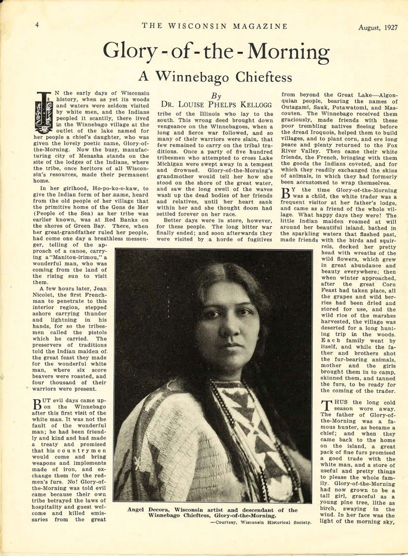 An article from the August 1927 issue of The Wisconsin Magazine about Angel De Cora.