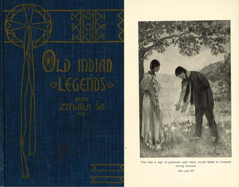 The 1904 edition of "Old Indian Legends" by Zitkala-Ša, with De Cora’s frontispiece illustration on the right. 