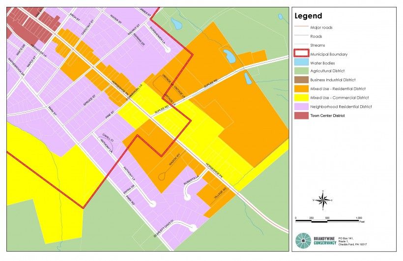 Combined portions of the new Honey Brook Borough and Township zoning maps. Thick red line depicts southern the boundary of the Borough. Similar mapping colors within and outside of Borough show use of complementary zoning districts by both municipalities. Combined portions of the new Honey Brook Borough and Township zoning maps.