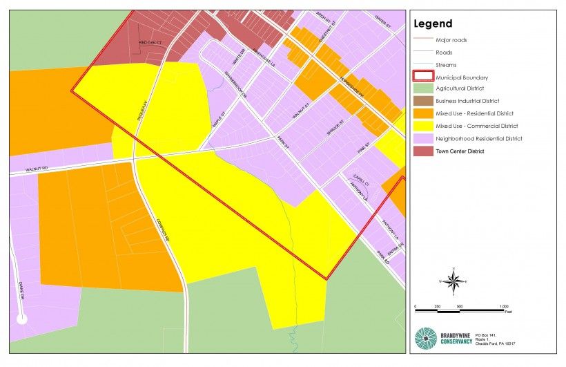 Combined portions of new Honey Brook Borough and Township zoning maps.