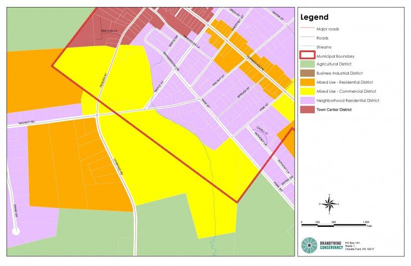 Combined portions of new Honey Brook Borough and Township zoning maps. Thick red line is western Borough boundary. Although split by municipal boundaries, zoning provisions are nearly identical for both Township and Borough halves of the 60-acre property. Combined portions of new Honey Brook Borough and Township zoning maps.