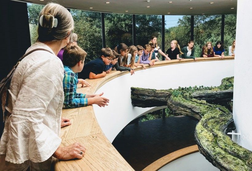 Upland students view Kathleen Vance's 'Brandywine River' installation in the atrium of the Brandywine River Museum of Art. Photo by Liam Gallagher, Upland Country Day School.