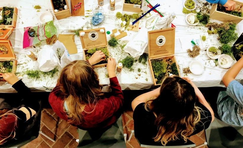 Upland students experiment with making their own small versions Kathleen Vance's Traveling Landscapes in cigar boxes. Photo by Liam Gallagher, Upland Country Day School.