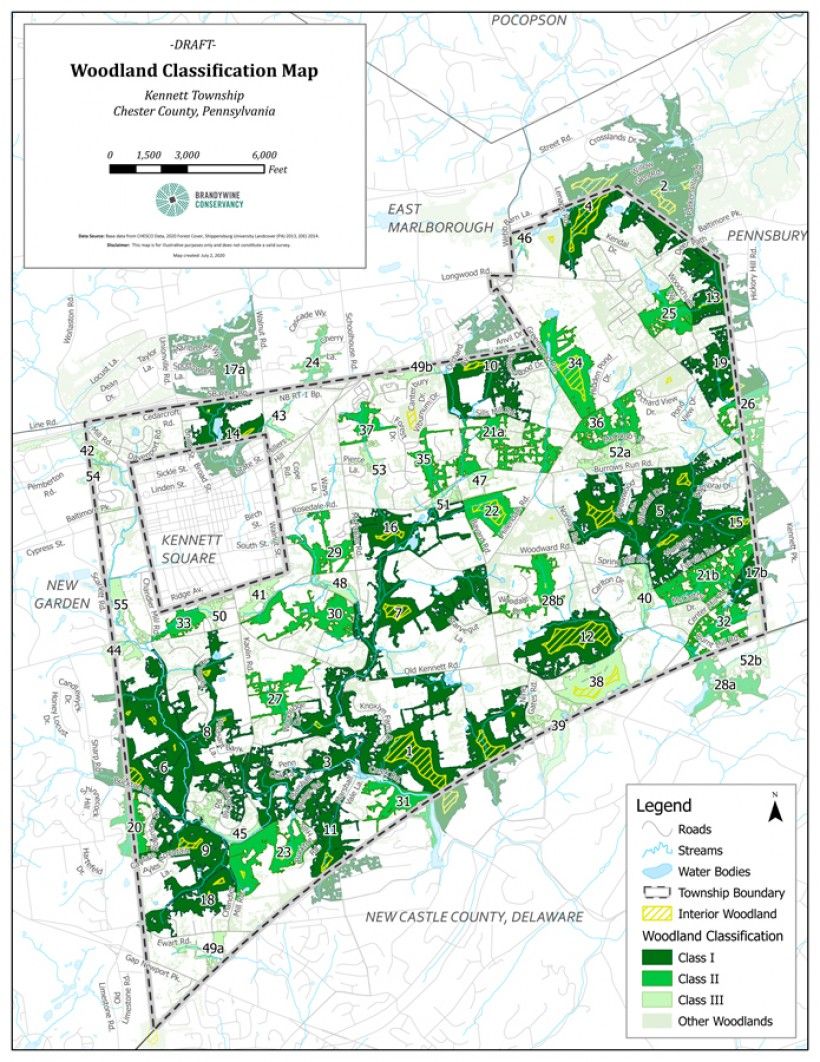 A recent map showing the results of a woodland classification project for Kennett Township. A recent map showing the results of a woodland classification project for Kennett Township.