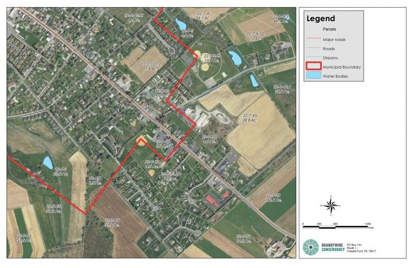 Aerial map of Honey Brook Borough and Honey Brook Township. Red line depicts the southern boundary of the Borough. Aerial map of Honey Brook Borough and Honey Brook Township. Red line depicts the southern boundary of the Borough.