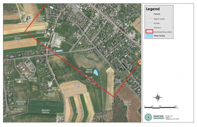 Aerial map showing two parcels: 22-7-65 and 12-4-3, totaling 60 acres, and under one ownership, lying in both Honey Brook Borough and Honey Brook Township. Red line is western boundary of the Borough. Aerial map showing two parcels: 22-7-65 and 12-4-3, totaling 60 acres, and under one ownership, lying in both Honey Brook Borough and Honey Brook Township.