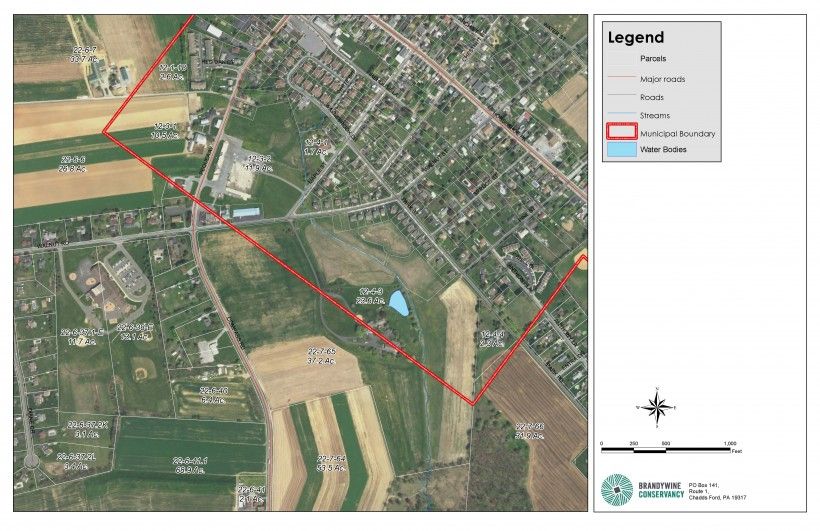 Aerial map showing two parcels: 22-7-65 and 12-4-3, totaling 60 acres, and under one ownership, lying in both Honey Brook Borough and Honey Brook Township. 