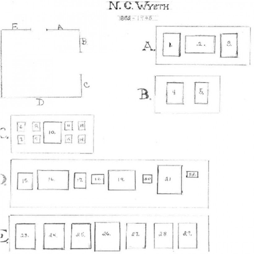 Diagram of the first exhibition in the N.C. Wyeth Gallery Diagram of N.C. Wyeth Gallery first exhibition