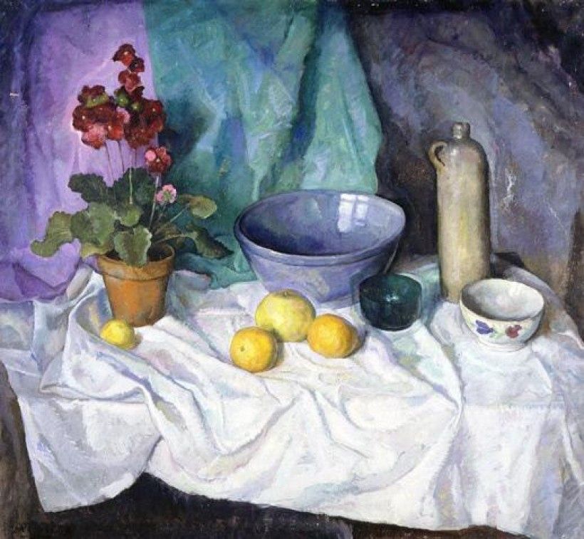 N. C. Wyeth (1882 - 1945), Still Life with Geranium and Citrus Fruit, after 1933, oil on canvas, 48 1/4 × 52 in. Brandywine River Museum of Art, Gift of Carolyn Wyeth, 1992