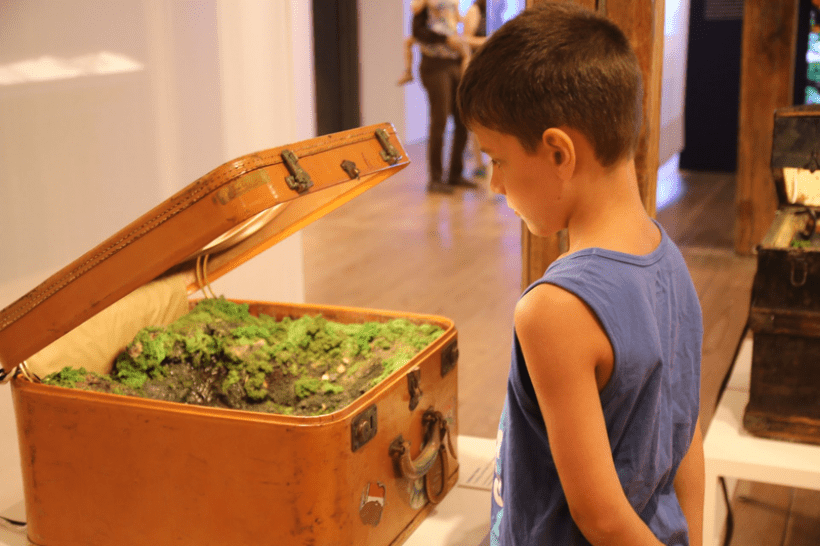 A young boy viewing Traveling Landscape (Sun Seekers) by Kathleen Vance; On view at the Brandywine River Museum of Art as a part of our Natural Wonders exhibition