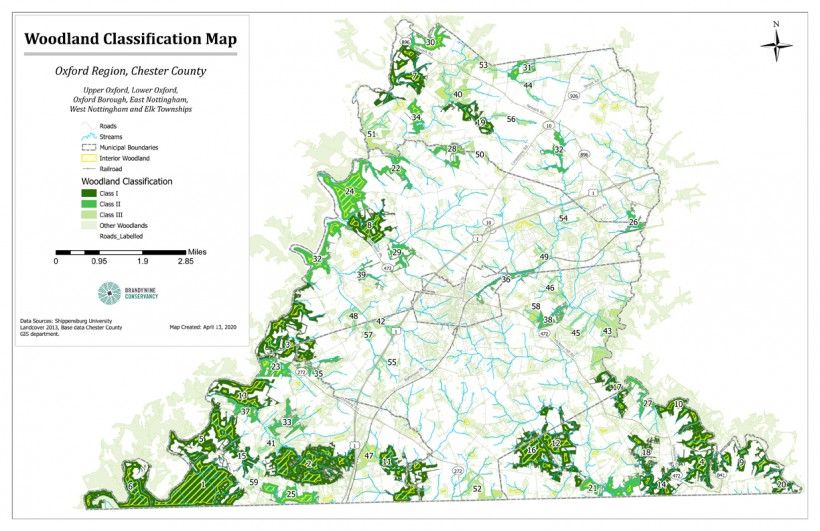 https://www.brandywine.org/sites/default/files/OxfordArea_woodlandClassification_Overview_%2011x17.pdf A recent map showing the results of a project that classified woodland across the area served by the Oxford Region Planning Committee.