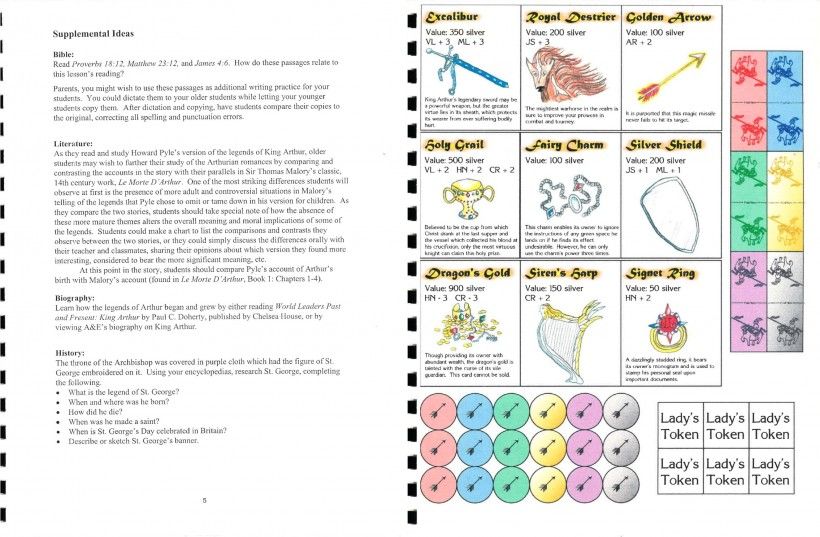 Pages from “A Family Reading Guide to Howard Pyle’s The Story of King Arthur and His Knights” by the Lisenfelt Family homerschoolers showing a lesson plan and chivalry game.