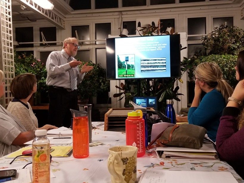 PMN participant Scott Jones delivers his Capstone Project presentation, which proposes adding bat boxes around the pond at Penguin Court. PMN participant Scott Jones delivers his Capstone Project presentation, which proposes adding bat boxes around the pond at Penguin Court.