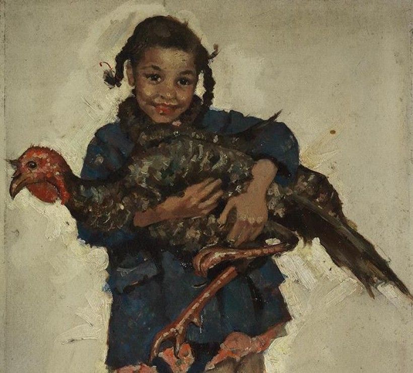 Ellen Bernard Thompson Pyle (1876 - 1936), Thanksgiving Turkey (detail), ca. 1925, oil on illustration board, 12 1/2 × 8 1/2 in. Gift of Mr. and Mrs. H. Willis Lawrence (artist's daughter), 1972 Oil painting of a young girl holding a live turkey