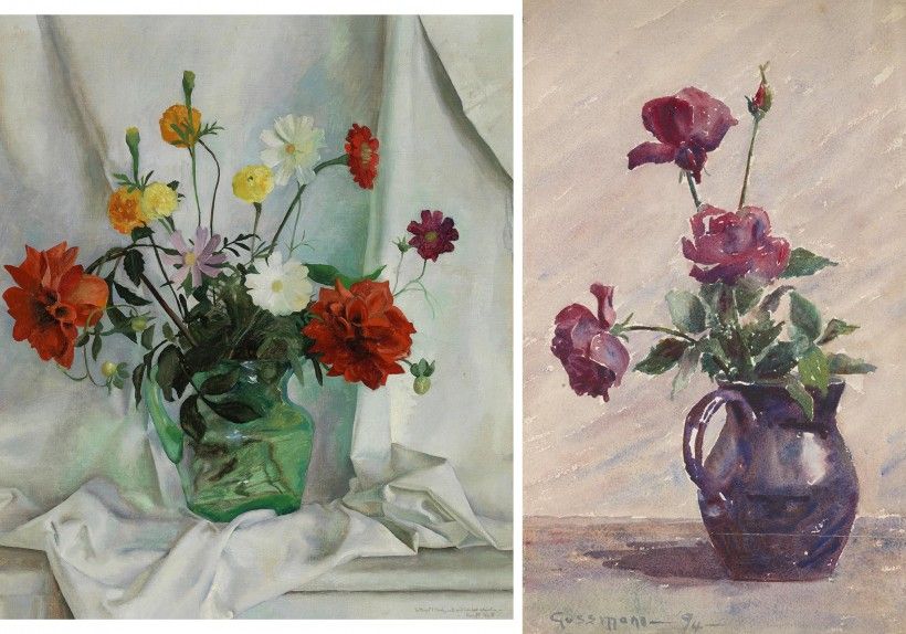 LEFT: Henriette Wyeth (1907 - 1997), Autumn Flowers, ca. 1926, oil on canvas, 35 × 30 in. © artist, artist's estate, or other rights holders. RIGHT: Caroline Louise Gussmann (1872 - 1952), Roses in Vase, 1894, watercolor on paper, 18 3/8 × 11 1/4 in. 