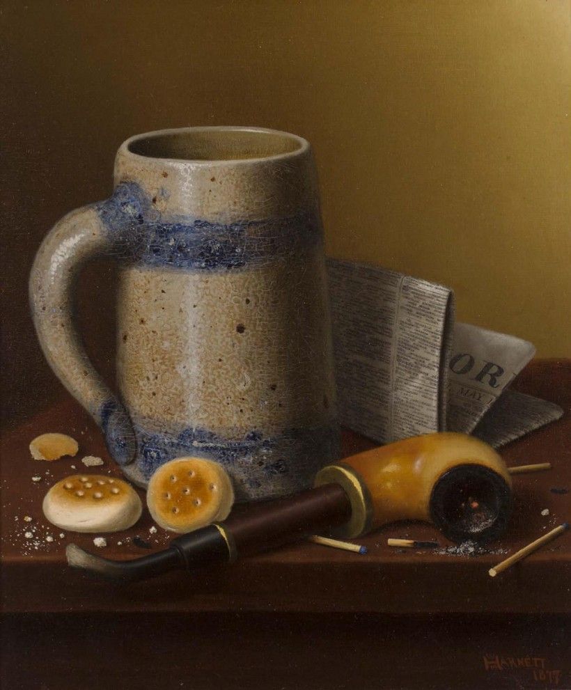 William Michael Harnett (1848 - 1892), A Man's Table Reversed, 1877. Oil on canvas, 20 3/4 × 18 3/4 in. Gift of Amanda K. Berls, 1980 William Michael Harnett (1848 - 1892), A Man's Table Reversed, 1877. Oil on canvas, 20 3/4 × 18 3/4 in. Gift of Amanda K. Berls, 1980