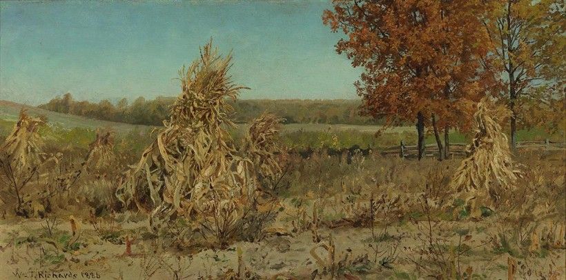William Trost Richards (1833–1905), Corn Shocks in Early Autumn, 1886. Oil on canvas board, 20 × 10 in. Given in Loving Memory of Lois F. McNeil by Jennifer and Bob McNeil, 2004