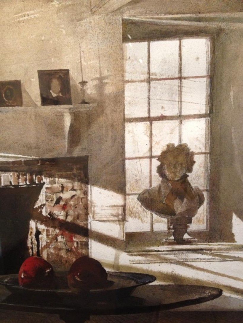 A detail of Andrew Wyeth's “Big Room,” 1988 where windows play a pivotal role in the watercolor’s overall aesthetic. 