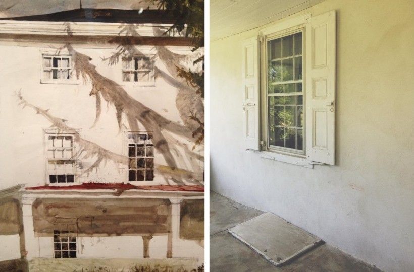 Comparison of the porch window from Andrew Wyeth's watercolor, “Tree House” Study, 1982 (on the left) and a photo of the same porch window (to the right).