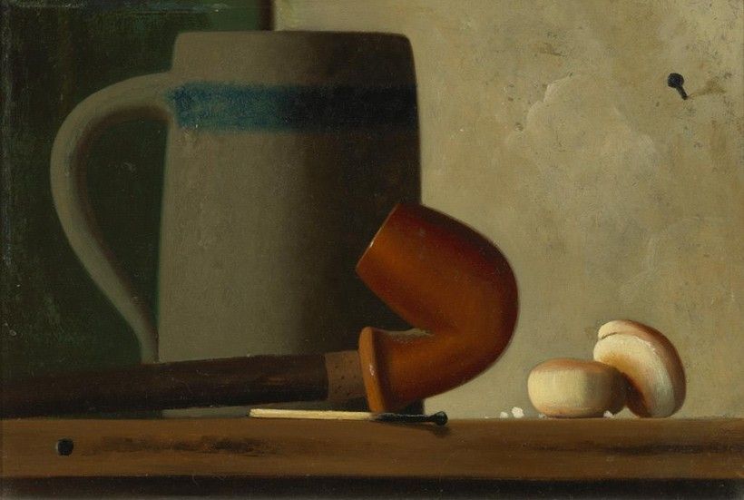 John Frederick Peto (1854 - 1907), Still Life with Mug, Pipe and Oyster Crackers, ca. 1880-1890, Oil on academy board, 6 1/4 × 9 1/8 in. Purchased with the Museum Volunteers’ Fund, 1993