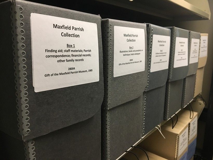 The Maxfield Parrish Collection, stored in 14 archival boxes at the Museum’s Research Center.