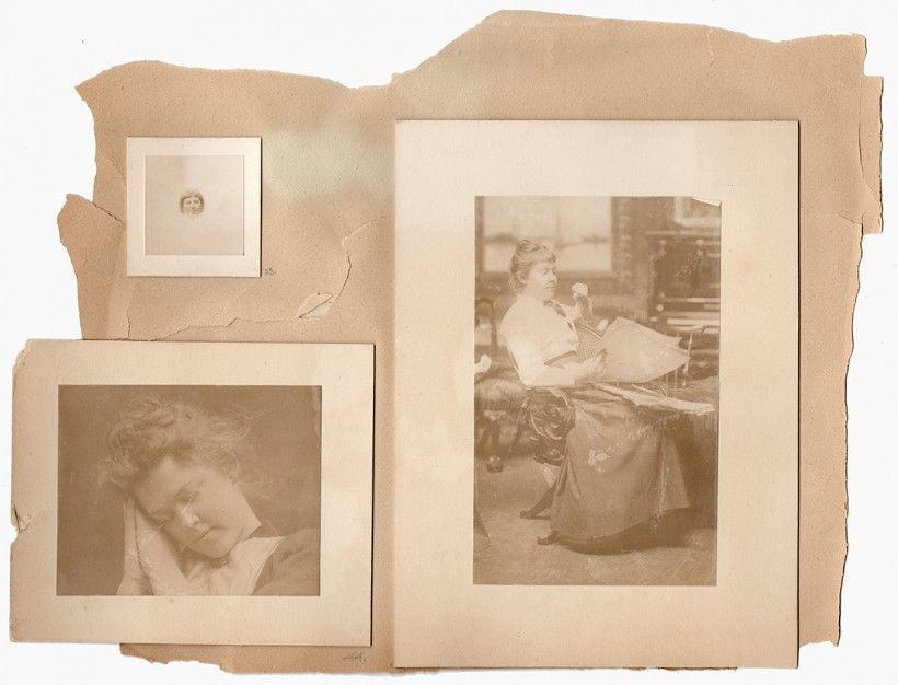 A page remnant from the scrapbook, showing photographs of various sizes and handwritten numbers “23” and “44,” whose relevance to the images is now lost. A page remnant from the scrapbook, showing photographs of various sizes and handwritten numbers “23” and “44,” whose relevance to the images is now lost.