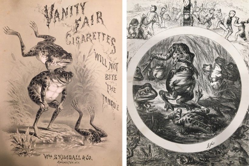 An undated print proof in the Stephens’ scrapbook of his leaping frog illustration for Kimball tobacco (left), in comparison with a very similar illustration by Thomas Nast, for “The Origin of Leap-Frog,” published in The Riverside Magazine (May 1867)