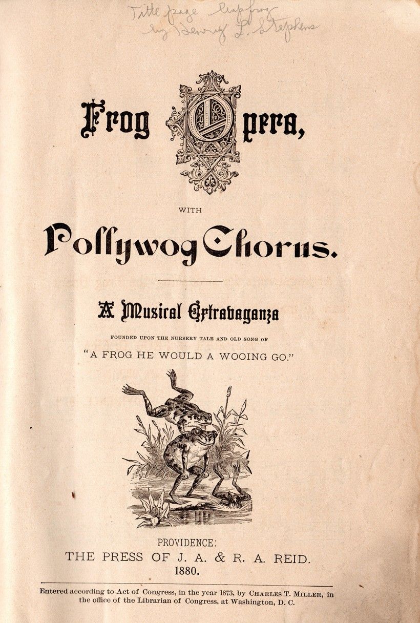 Stephens’ leapfrogging design on title page in "Frog Opera with Pollywog Chorus" (1880)