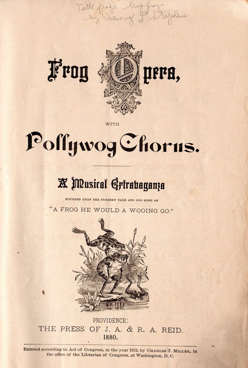 Stephens’ leapfrogging design on title page in "Frog Opera with Pollywog Chorus" (1880) Stephens’ leapfrogging design on title page in "Frog Opera with Pollywog Chorus" (1880)