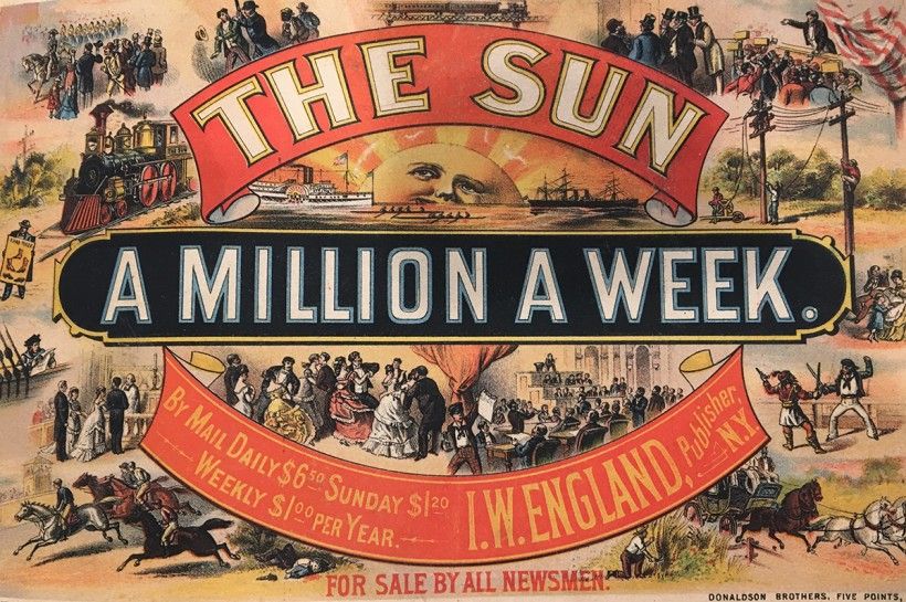An undated print proof in Stephens’ scrapbook featuring his illustration for an advertisement for The Sun An undated print proof in Stephens’ scrapbook featuring his illustration for an advertisement for The Sun
