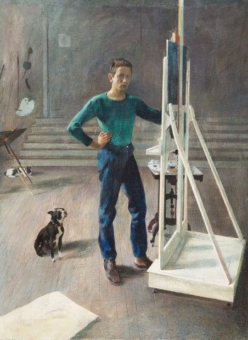 Painting of a man standing at an easel with a dog looking up at him.