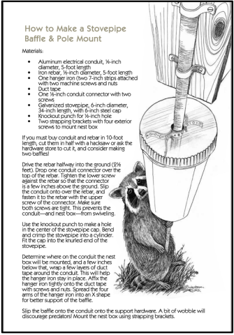 Pole and baffle design for bluebird boxes. Copyright: Julie Zickafoose, 1993.