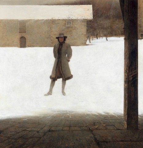 A painting of a winter scene featuring a figure wearing a coat and hat, standing alone in the snow.