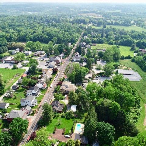 Aerial view of a suburban and rural landscape