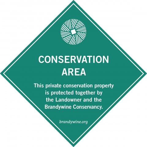Conserved land sign. Text reads: "This private conservation property is protected together by the Landowner and the Brandywine Conservancy. brandywine.org"