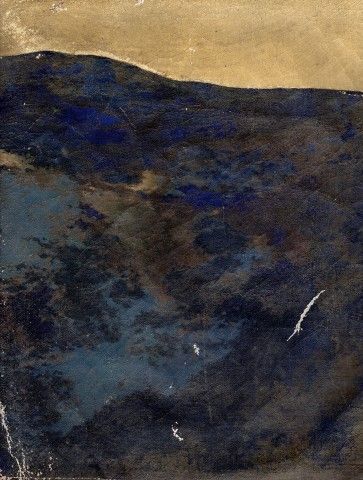A portion of a painted canvas, possibly depicting a hill or mountain, that was found folded in the scrapbook.