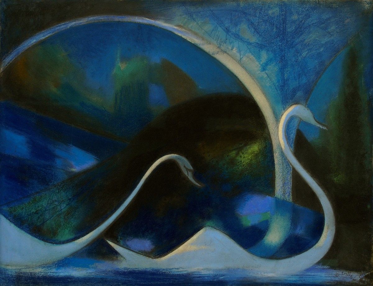 Joseph Stella, Swans (Night), ca. 1924-1930, pastel and charcoal on paper, 18 3/4 x 24 1/2 in. Courtesy of Adelson Galleries 