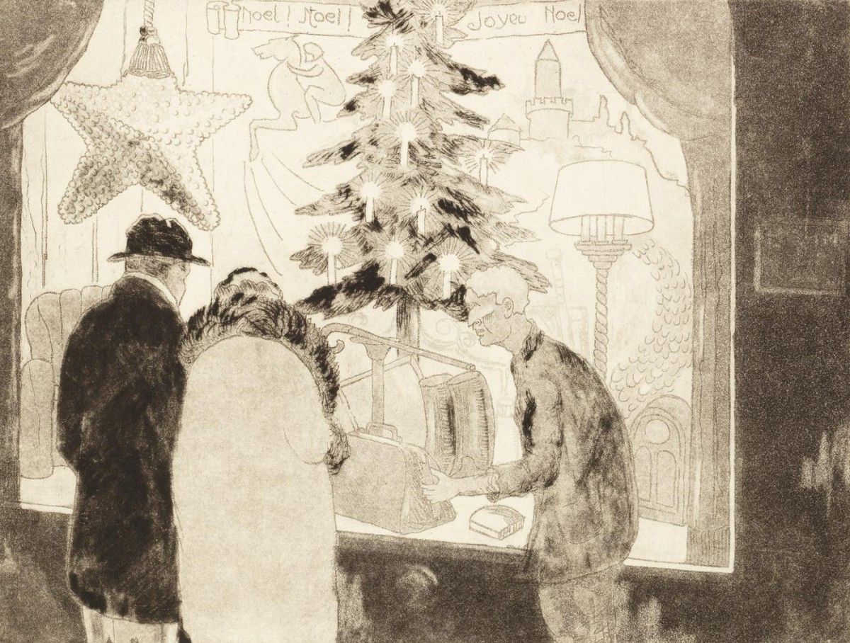 Allan Freelon, Christmas Window Shopping, ca. 1935, etching and aquatint in black on ivory wove paper, 9 x 12 in. Gift of Joel S. Dryer, 2021
