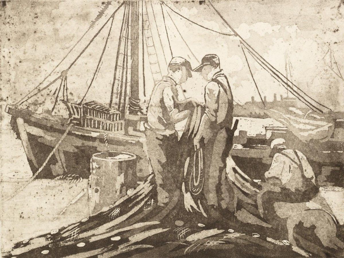 Allan Freelon, Mending Nets, ca. 1935, aquatint black on ivory wove paper, 9 x 12 in. Gift of Joel S. Dryer, 2021