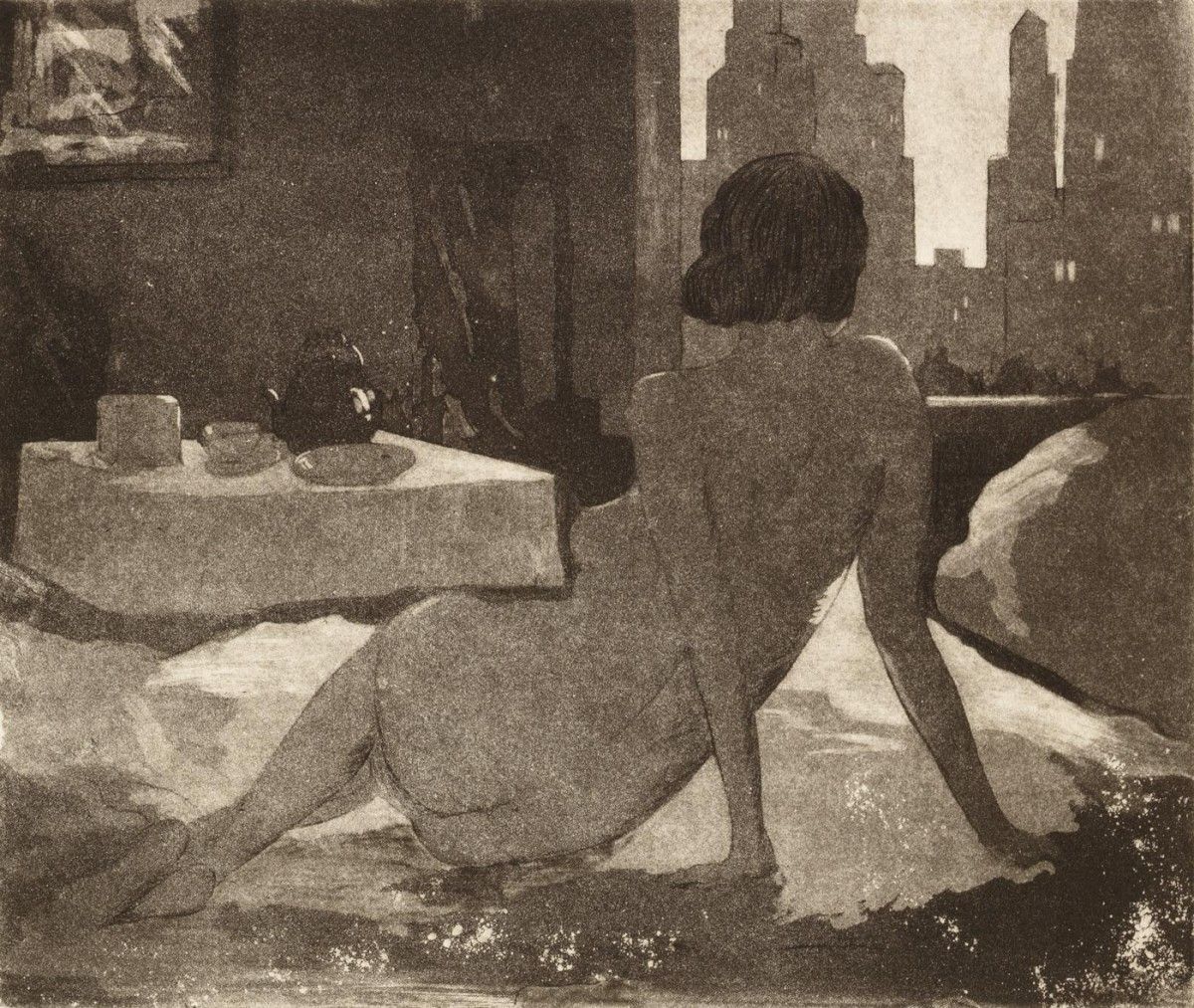 Allan Freelon, Nude with City Scene, ca. 1935, aquatint with soft ground etching in black on ivory wove paper, 10 x 12 in. Gift of Joel S. Dryer, 2021