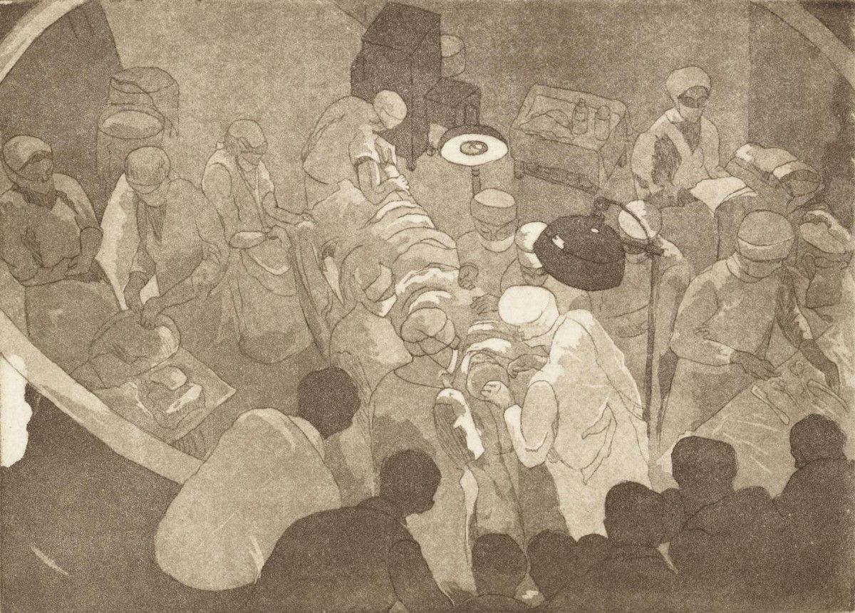 Allan Freelon, Surgical Theater, ca. 1935, aquatint with soft ground etching in black on ivory wove paper, 10 x 14 in. Gift of Joel S. Dryer, 2021