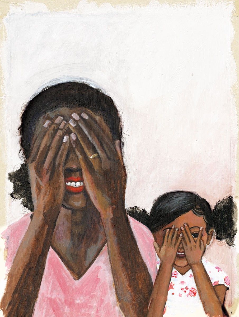 Cozbi A. Cabrera, Peek-a-Boo 1, illustration for Me & Mama, 2020, acrylic on illustration board, 30 h x 15 w inches, lent by the artist.