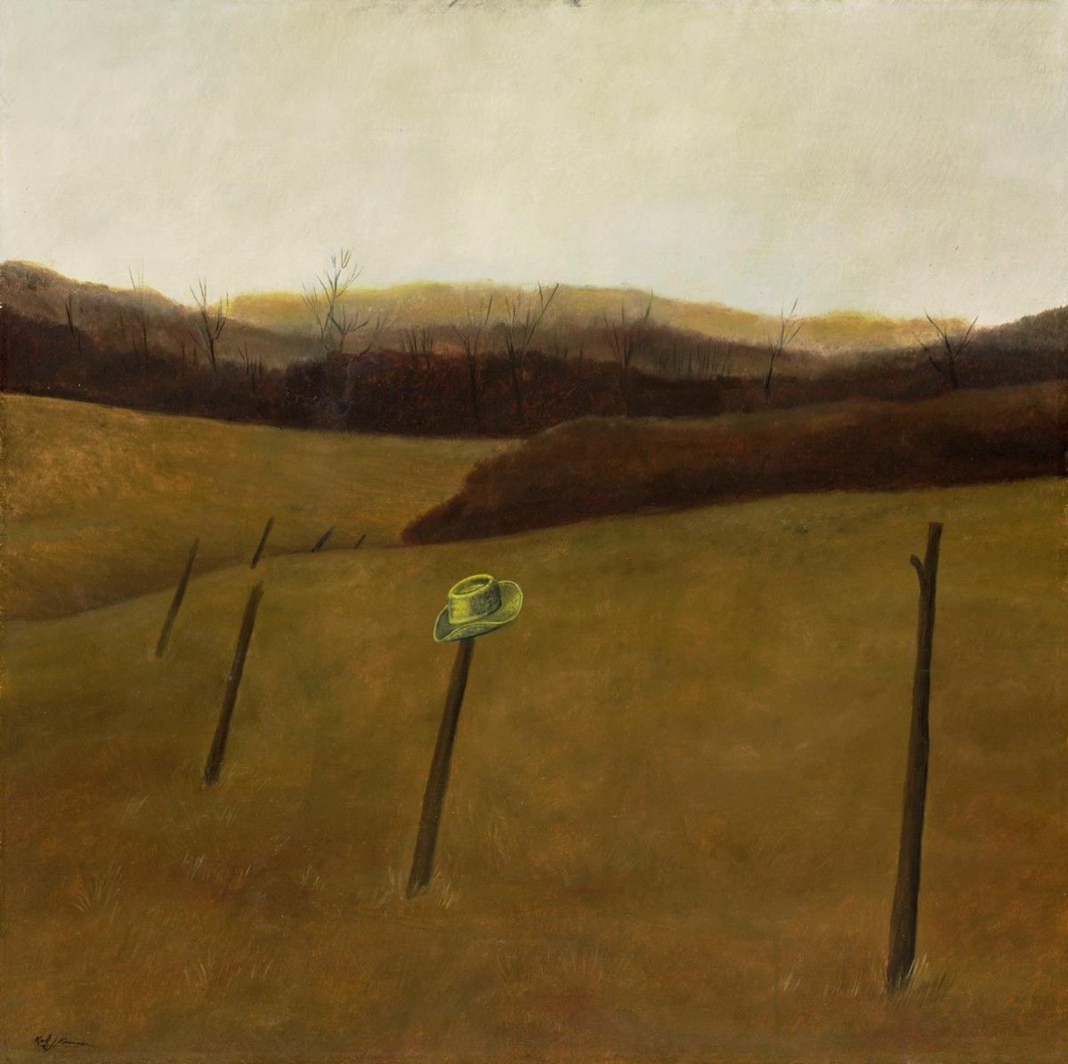 Karl J. Kuerner (b. 1957), Fence Hat, 1979. Oil on panel, 23 x 23 1/2 in. Collection of Mr. & Mrs. Paul McLellan