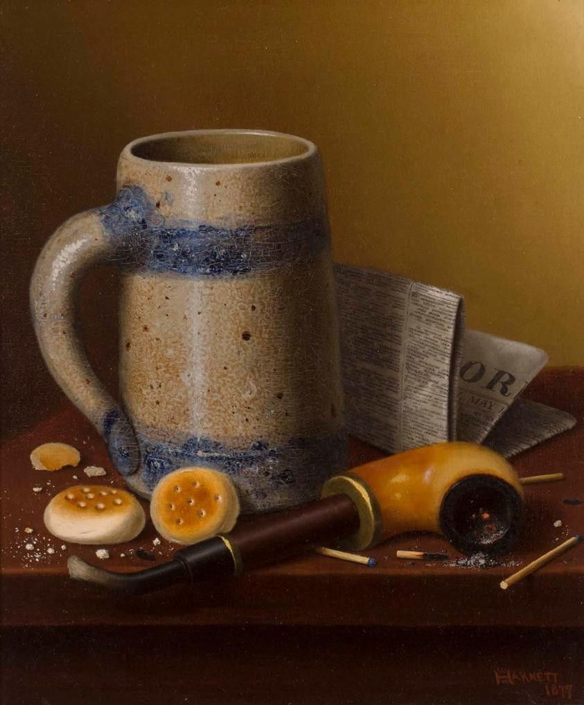 A still life painting features a large ceramic mug with blue stripes, several round crackers, a wooden pipe, a rolled newspaper, and scattered matchsticks on a dark wooden surface.