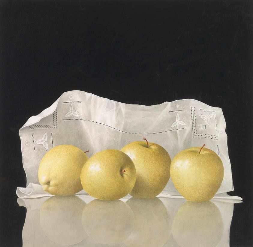 A hyperrealistic painting of four yellow apples are lined up in front of a folded white cloth with decorative cutouts. The background is dark, creating a contrast that highlights the apples and cloth.