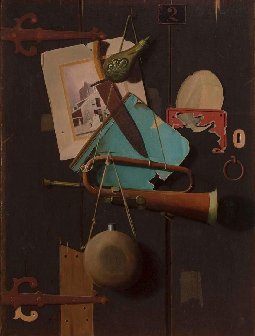 A hyperrealistic painting depicts a door with assorted objects hanging from it, including a horn, a framed picture, blue paper, a lock, and a circular canteen.