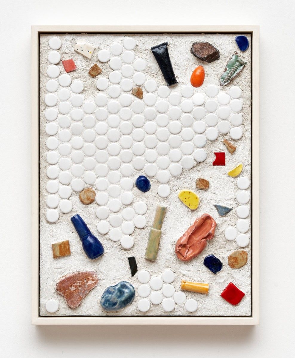 Ilana Harris-Babou, Confetti 2, 2023, Glazed ceramic, tile, grout, pigment, and resin on panel, 17 x 13 x 1 ¾",  Courtesy of the Artist